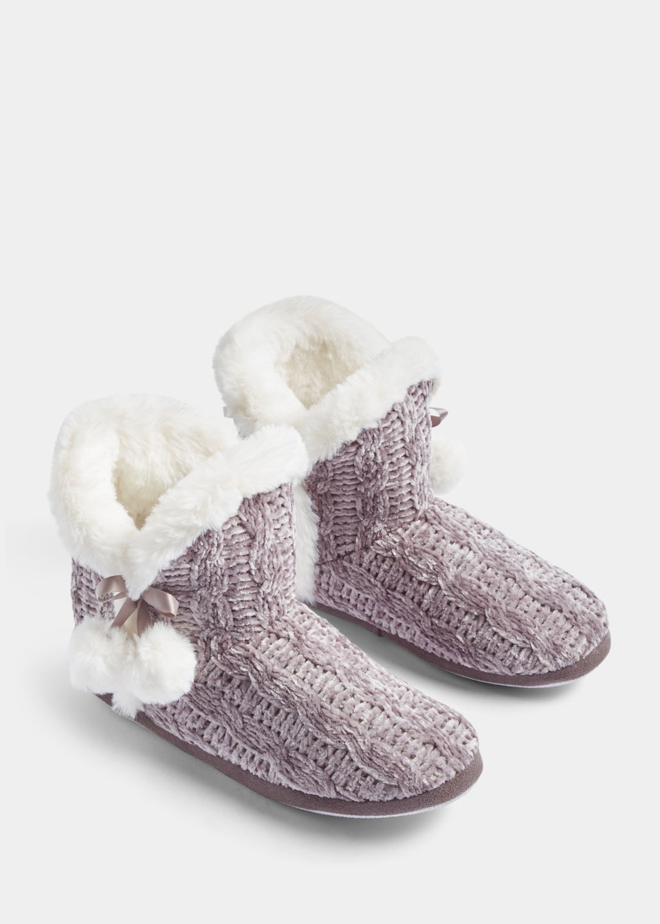 Grey Knitted Pom Pom Boot Slippers - Matalan