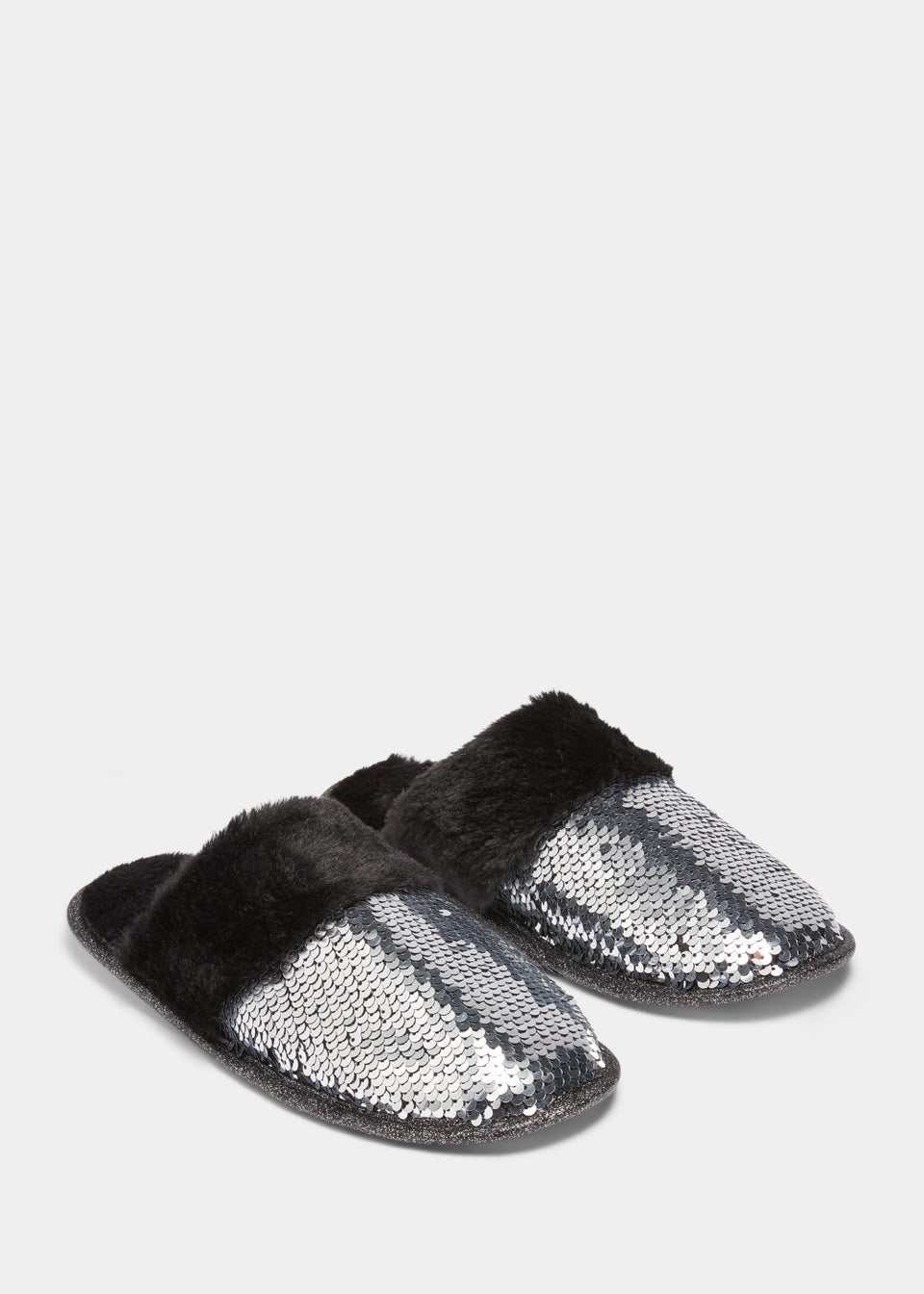 Silver Sequin Faux Fur Mule Slippers