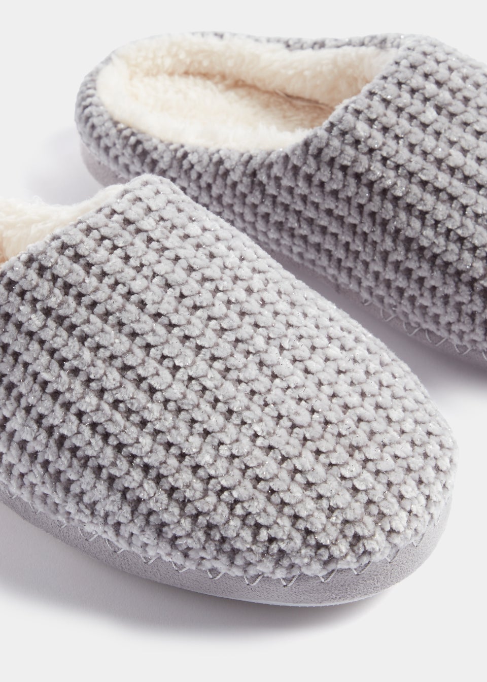 Grey Metallic Embroidered Mule Slippers