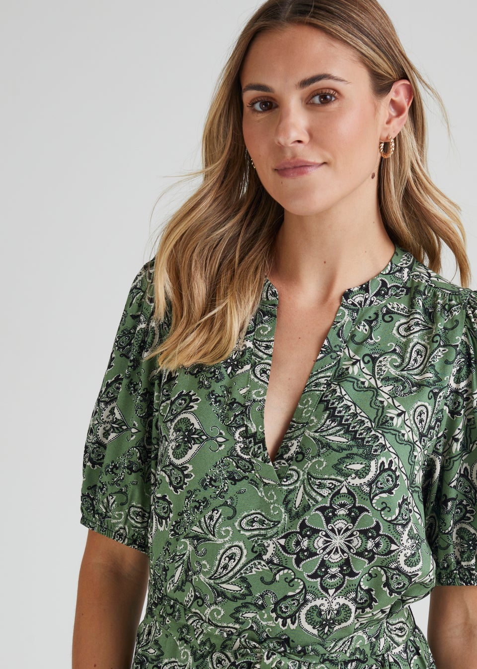 Green Tile Print Belted Midi Dress