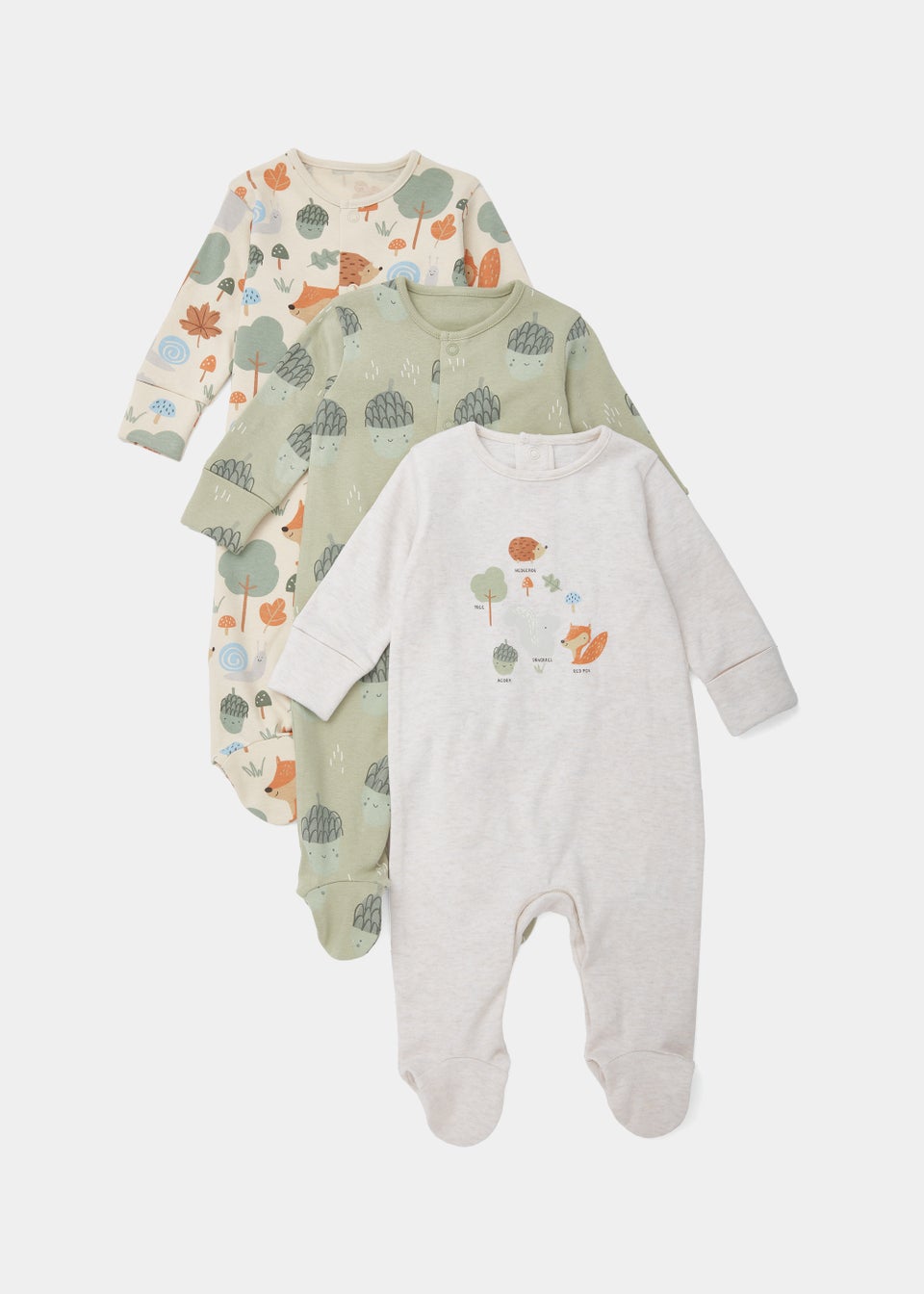Baby 3 Pack Acorn Woodland Sleepsuits (Tiny Baby-18mths)