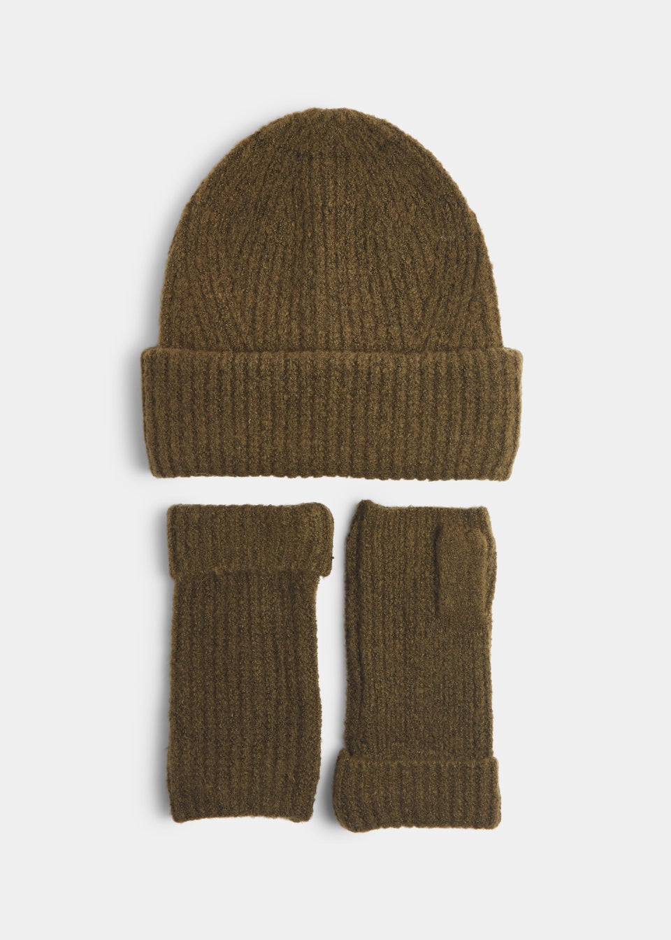 Green Ribbed Beanie & Fingerless Gloves Set