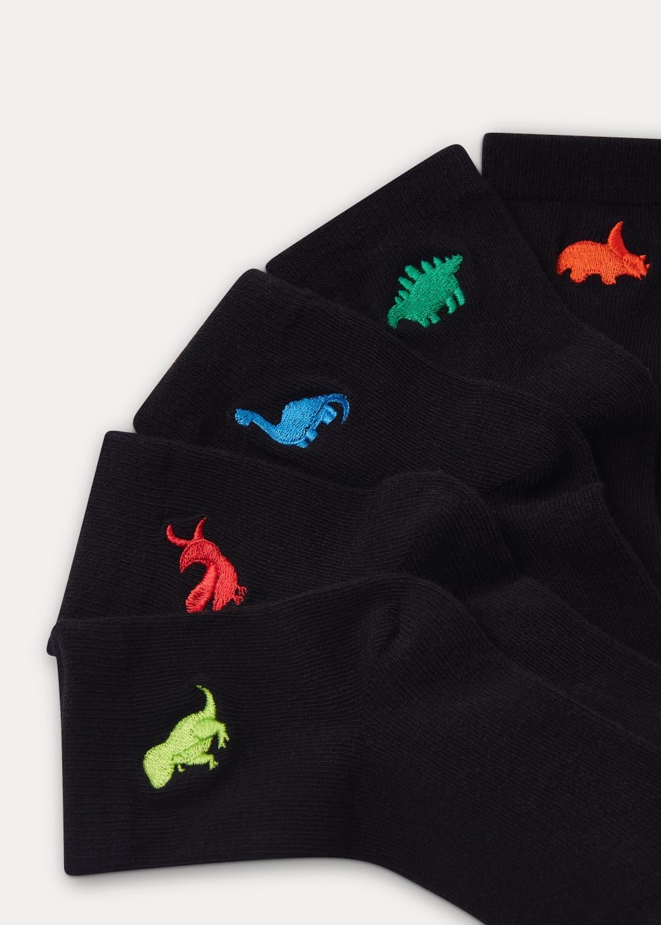Kids 5 Pack Black Dinosaur Embroidered Socks (Younger 6-Older 6.5)
