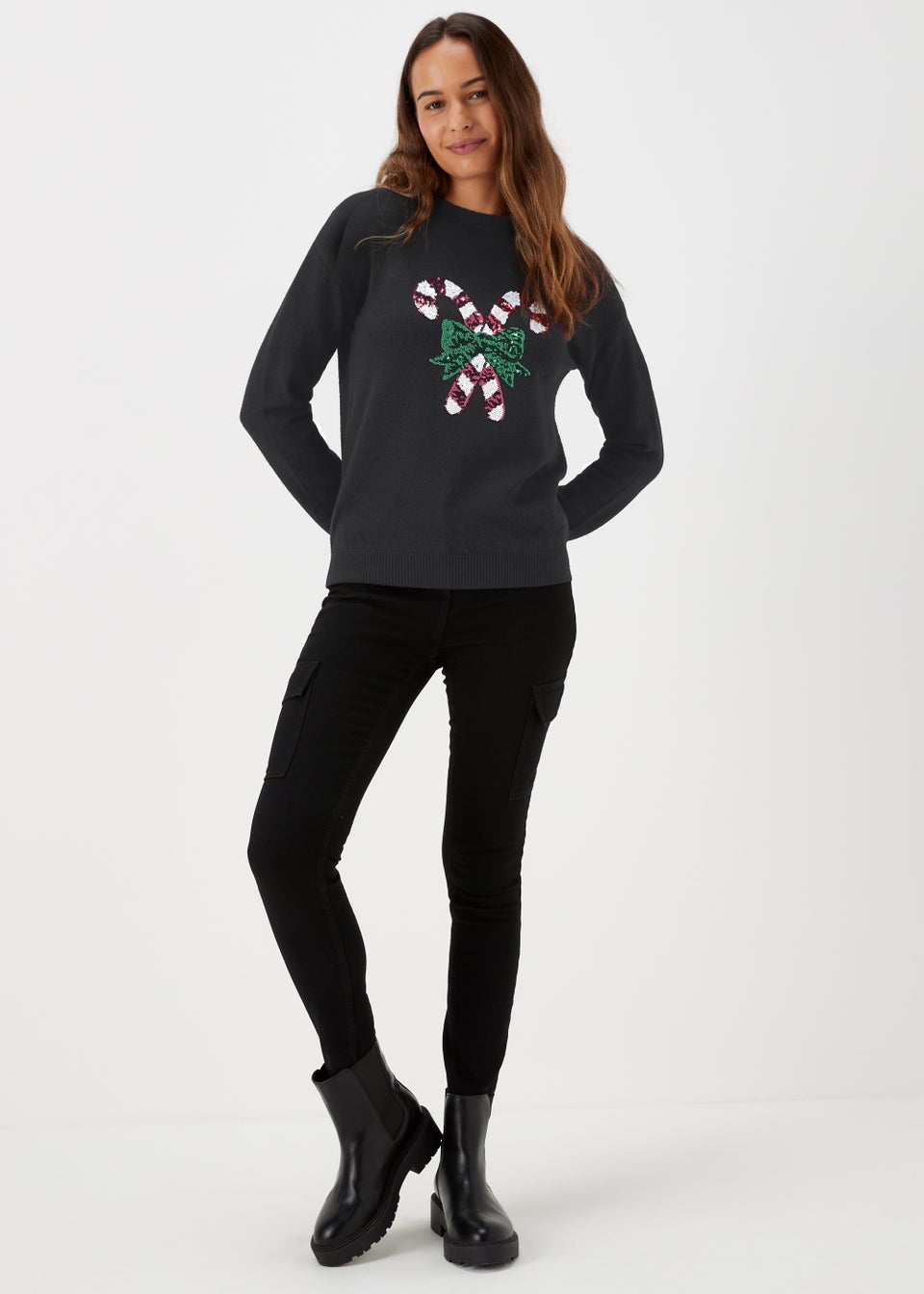 Black Sequin Christmas Candy Cane Jumper