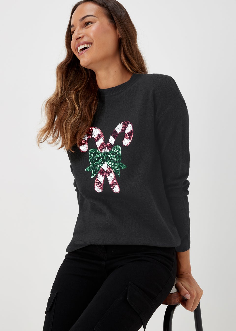 Black Sequin Christmas Candy Cane Jumper