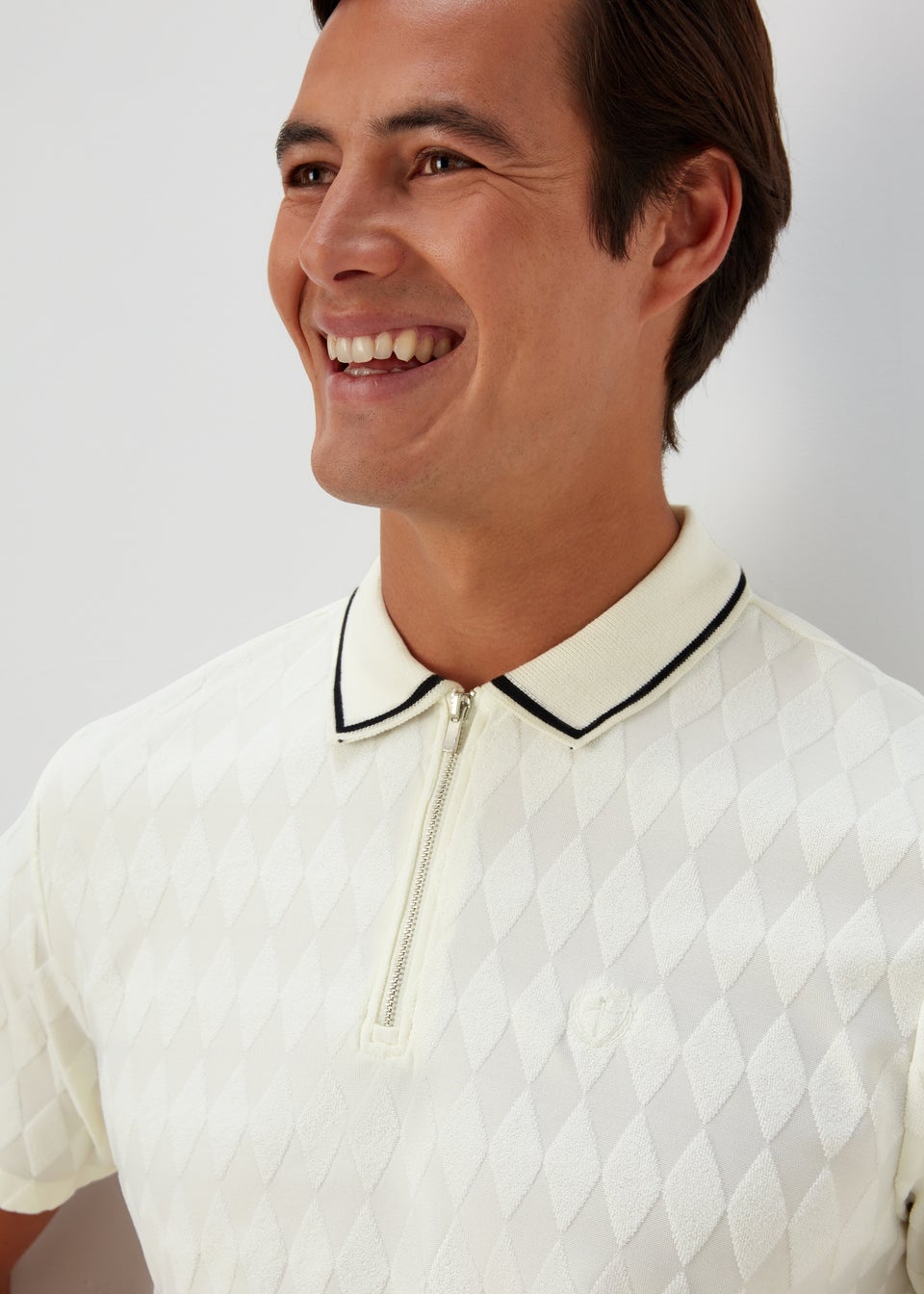 White Argyle Smart Towelling Zip Up Polo Shirt