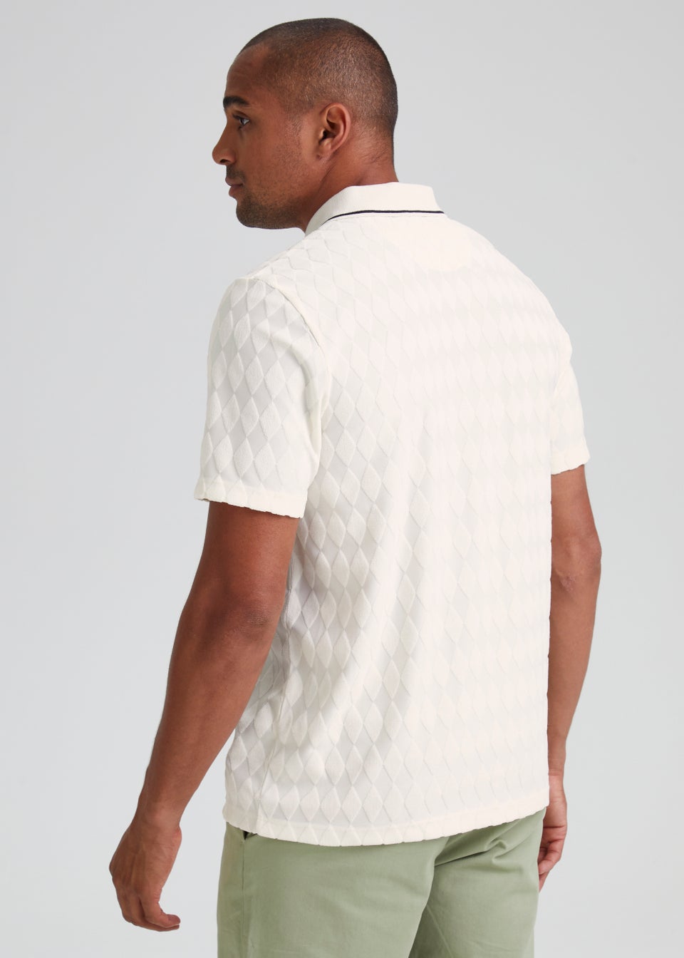 White Argyle Smart Towelling Zip Up Polo Shirt