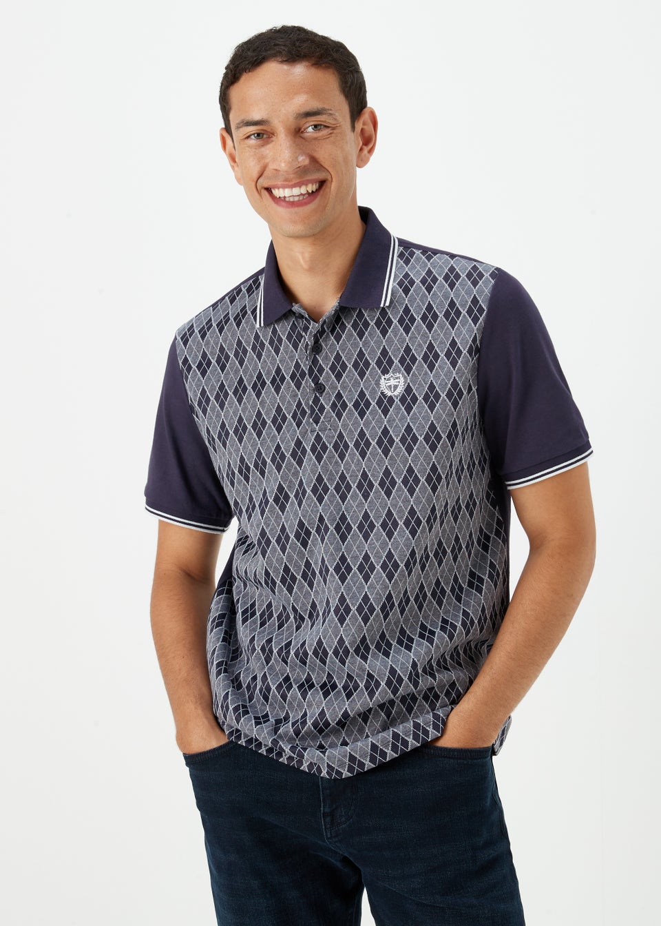 Grey Argyle Print Smart Polo Shirt
