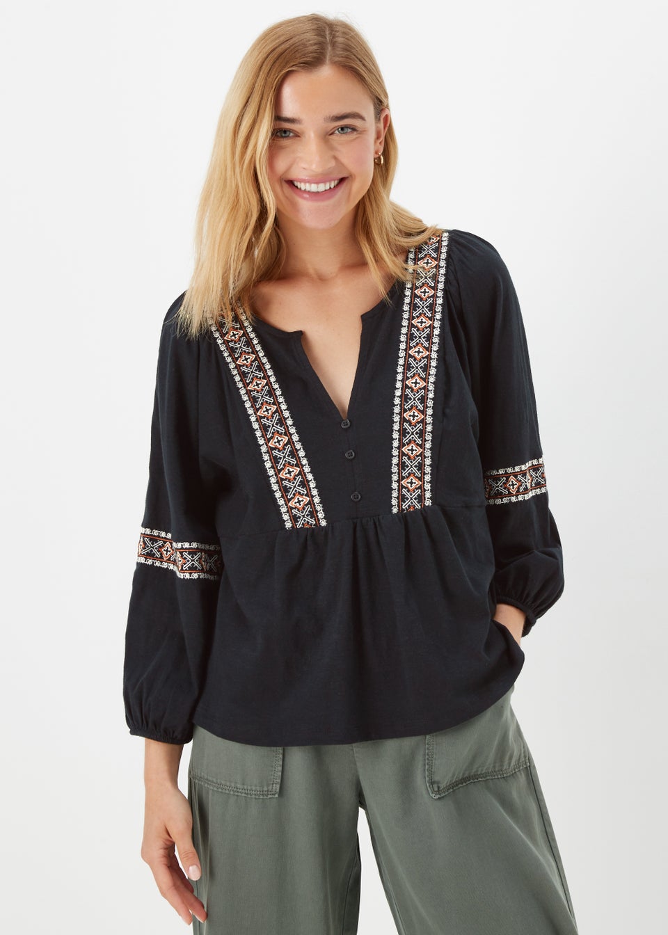 Papaya Petite Black Embroidered Jersey Blouse