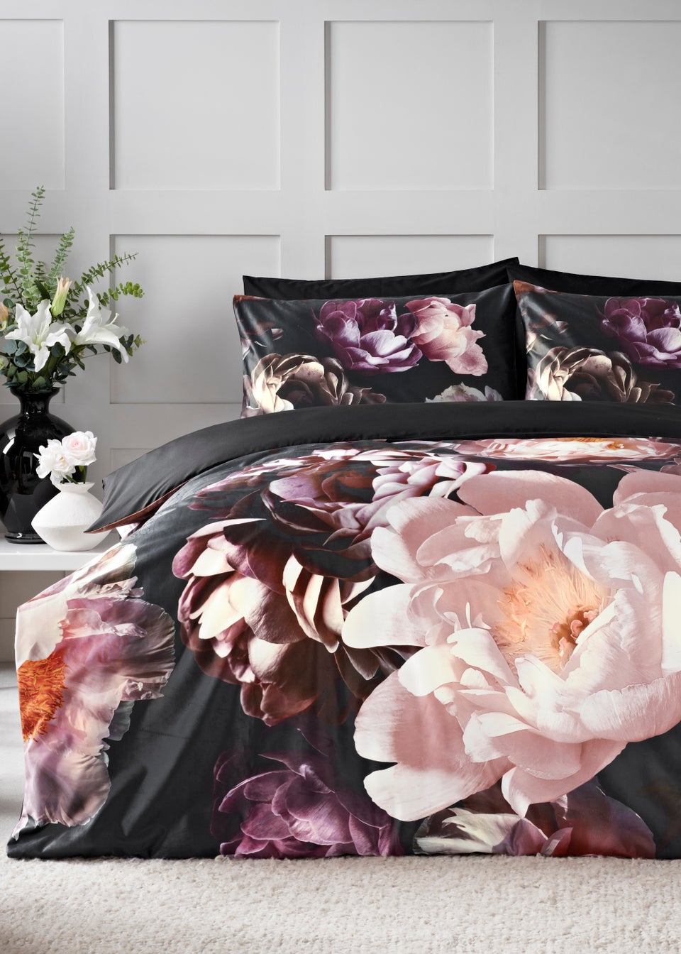 Black Floral Print Velvet Duvet Cover