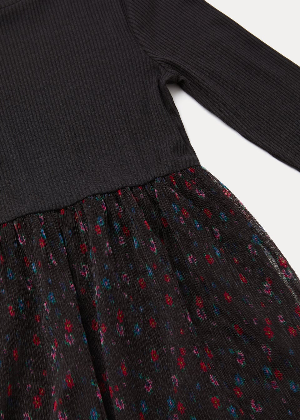 Girls Black Floral Print Mesh Ribbed Dress (4-13yrs)