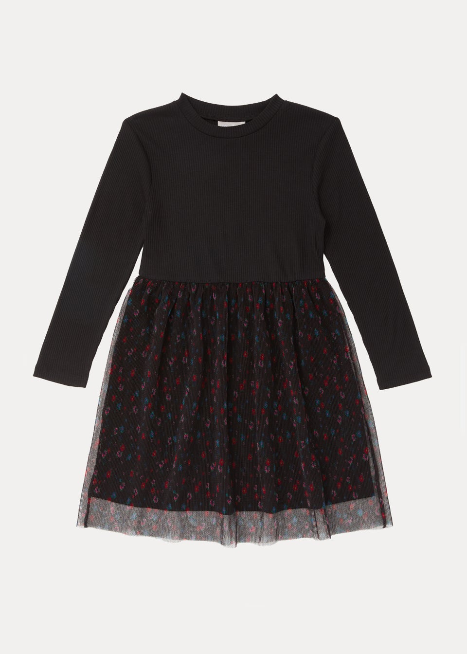 Girls Black Floral Print Mesh Ribbed Dress (4-13yrs)