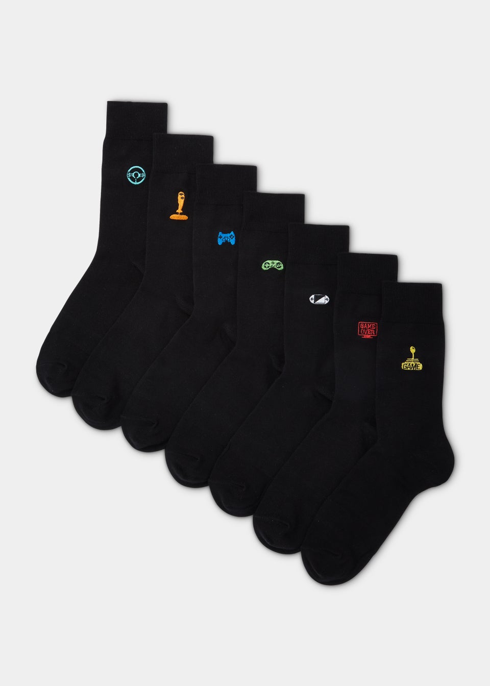 7 Pack Black Gaming Embroidery Ankle Socks
