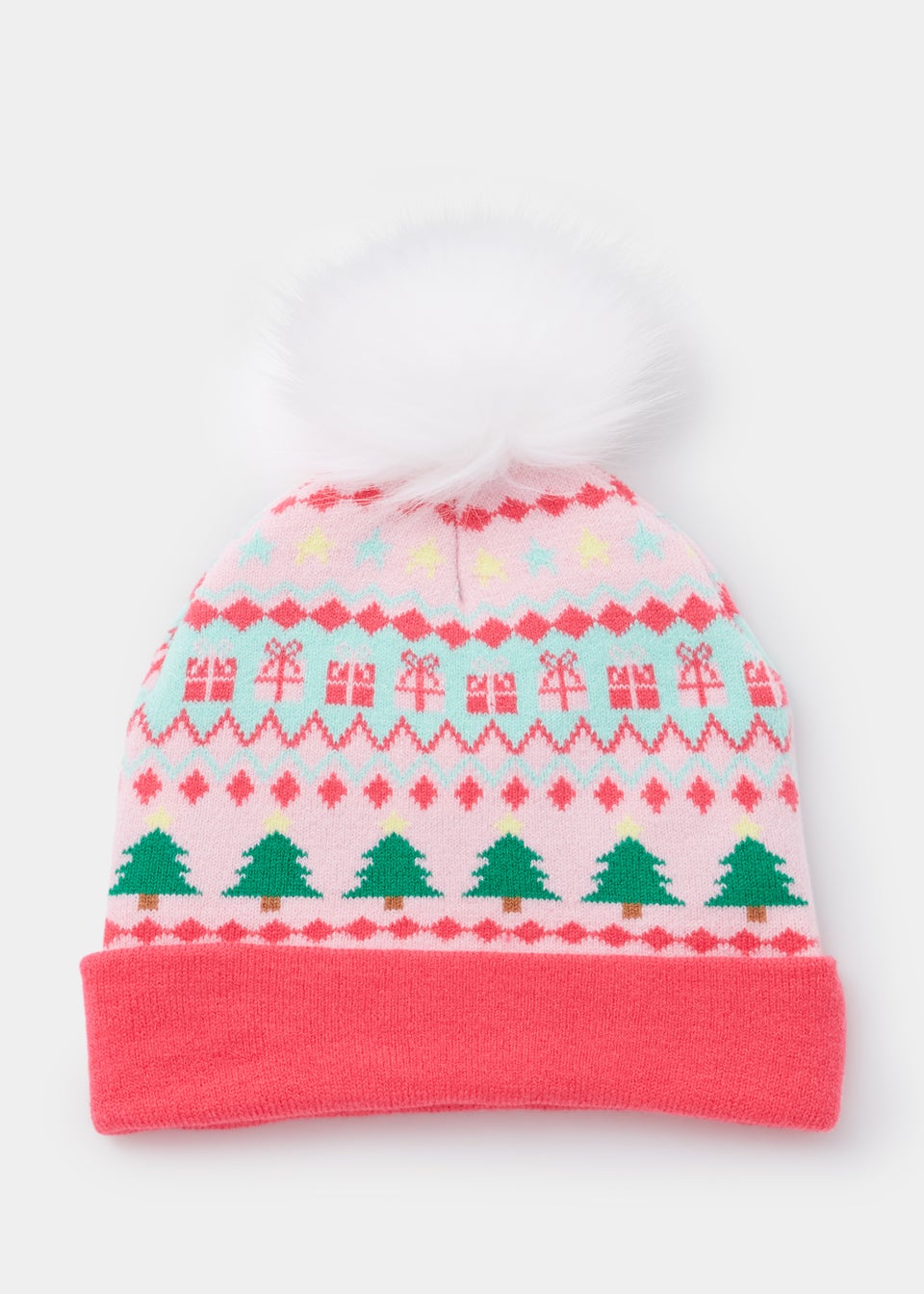 Girls Pink Christmas Present Bobble Hat (3-13yrs)