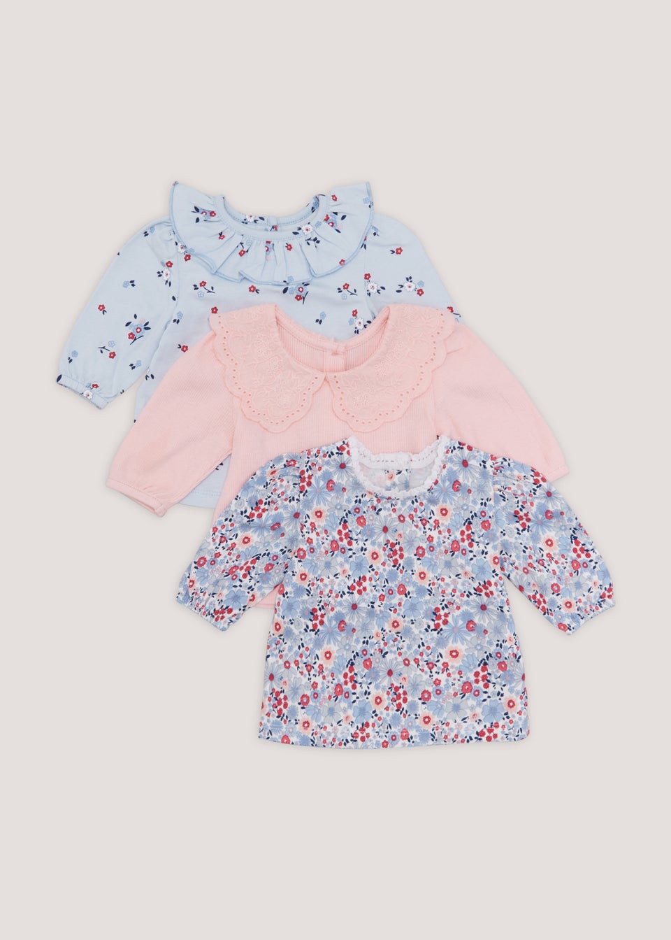 Baby 3 Pack Blue Floral Print Long Sleeve T-Shirts (Newborn-23mths)