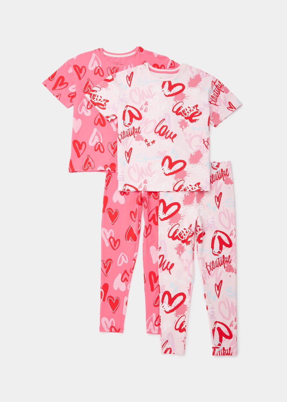 Girls 2 Pack Pink Heart Graffiti Pyjama Sets (4-13yrs) - Matalan