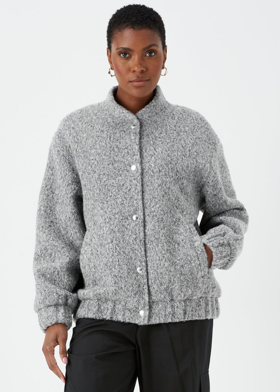 Grey Boucle Bomber Jacket