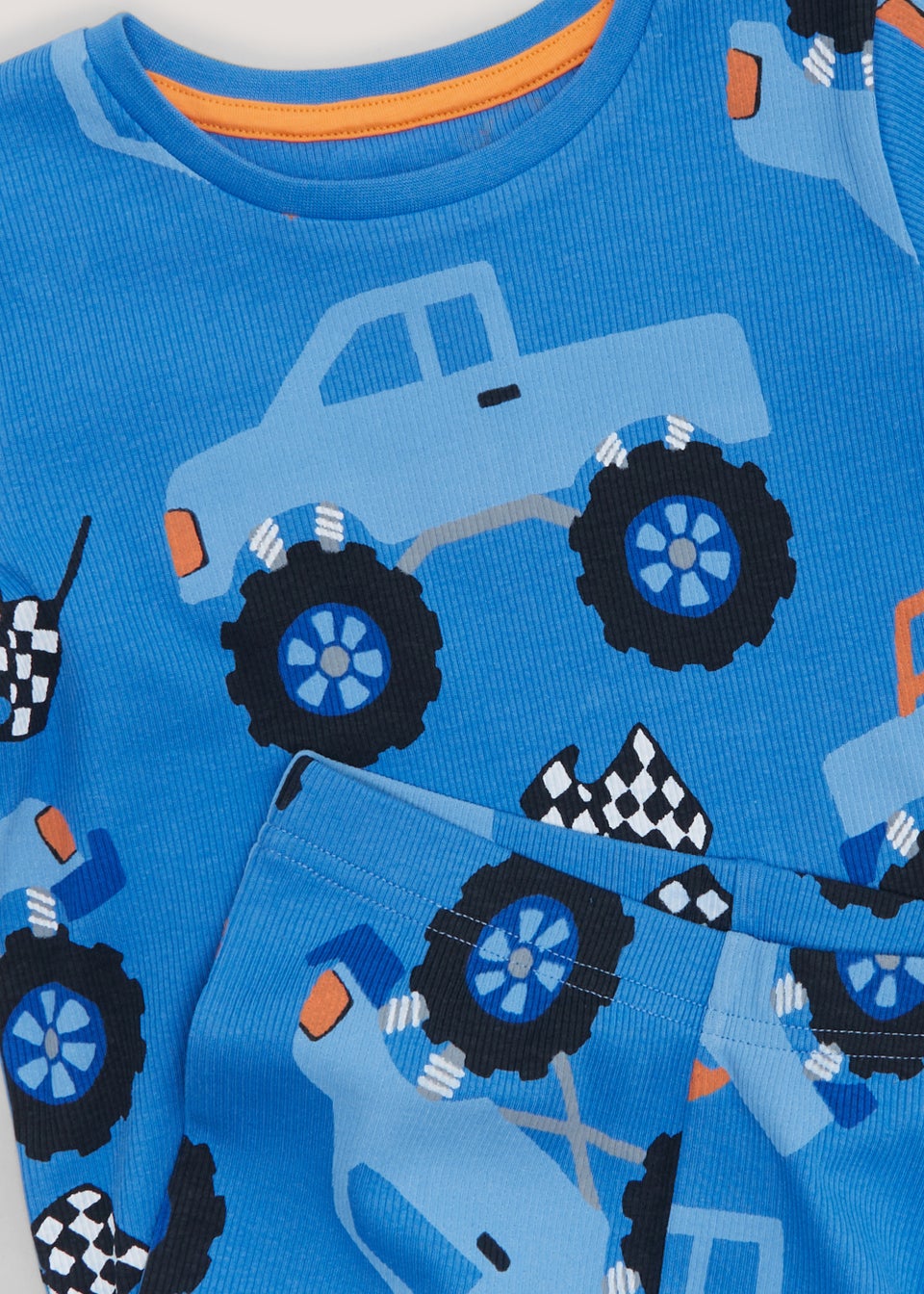 Boys Blue Monster Truck Print Ribbed Pyjama Set (9mths-5yrs)