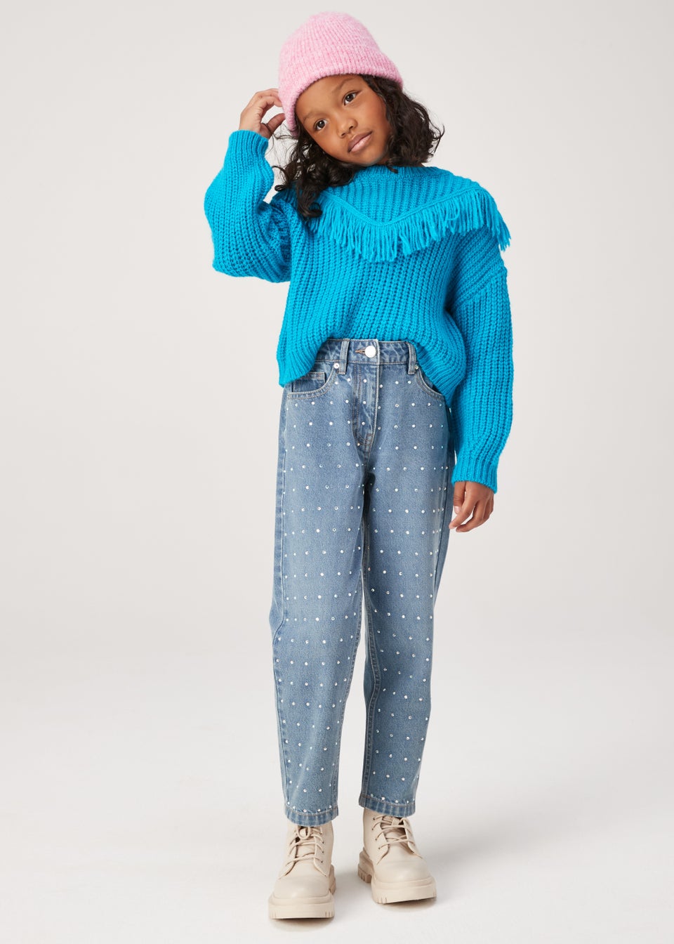 Girls Mid Wash Bling Mom Jeans (4-13yrs)