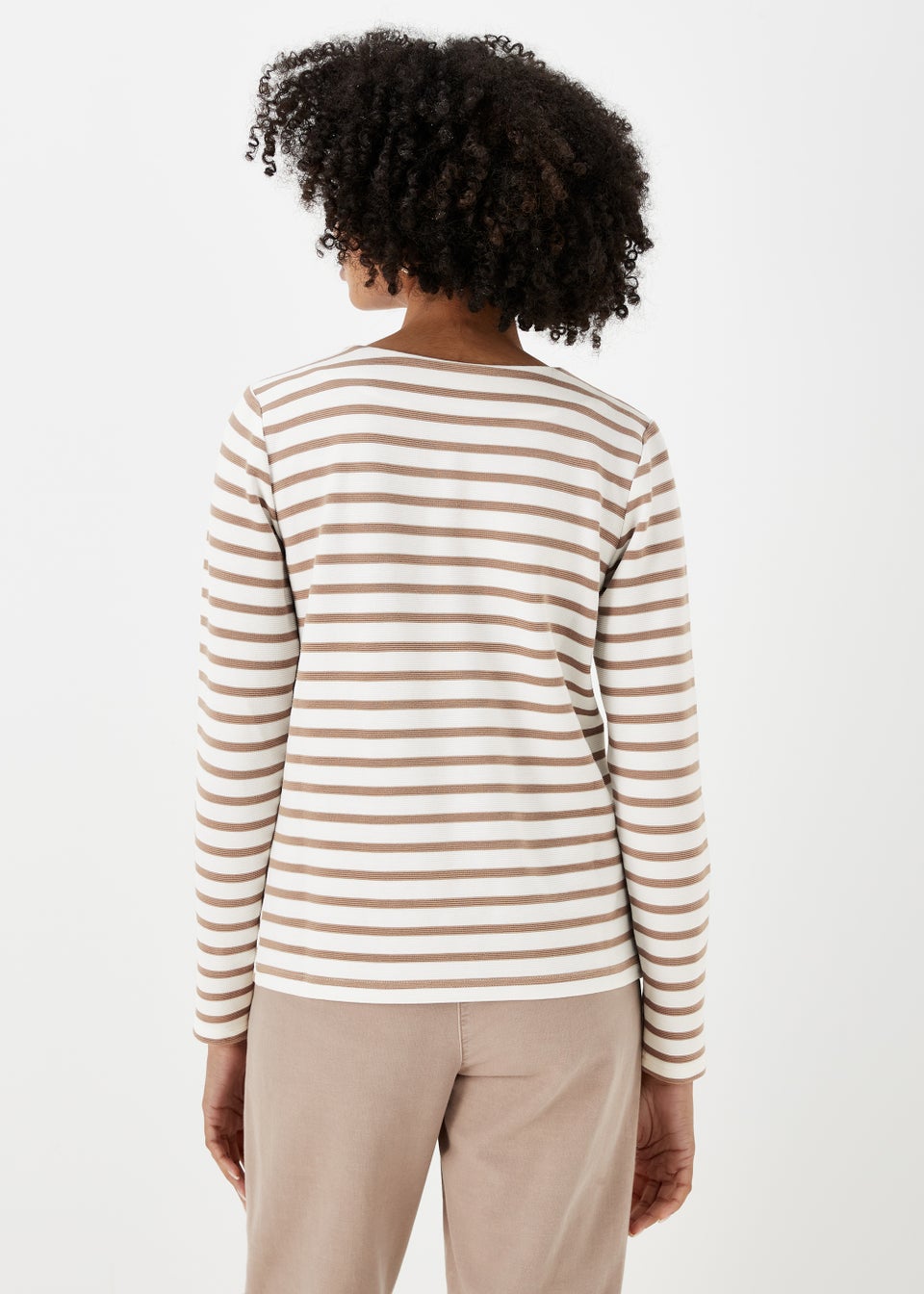 Beige Stripe Ribbed Log Sleeve T-Shirt
