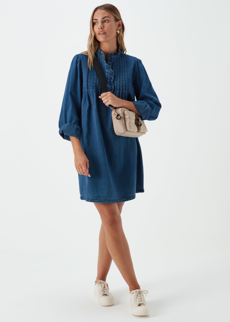 Mid Wash Ruffle Neck Smock Mini Dress