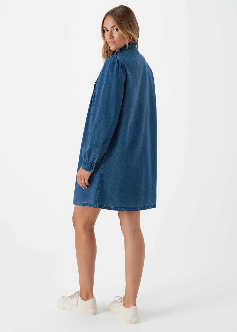 Mid Wash Ruffle Neck Smock Mini Dress