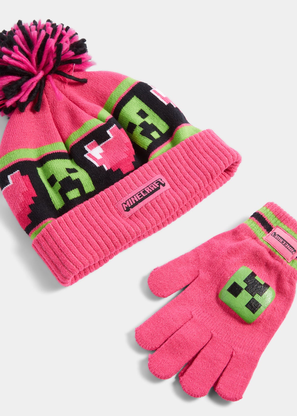 Kids Pink Minecraft Heart Bobble Hat & Gloves Set (3-10yrs)
