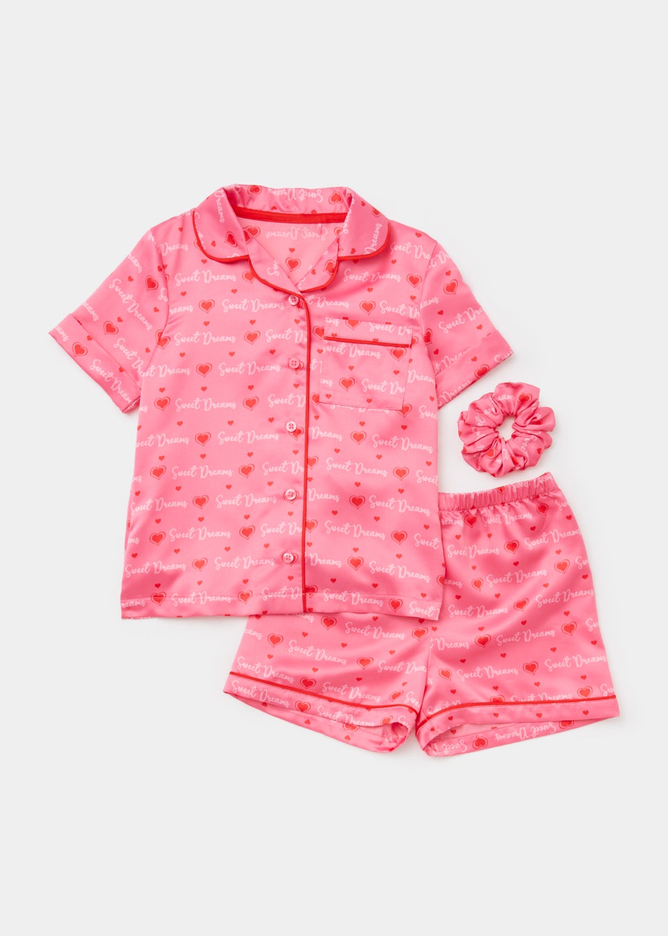Girls Pink Sweet Dreams Satin Pyjama & Scrunchie Set (4-13yrs)