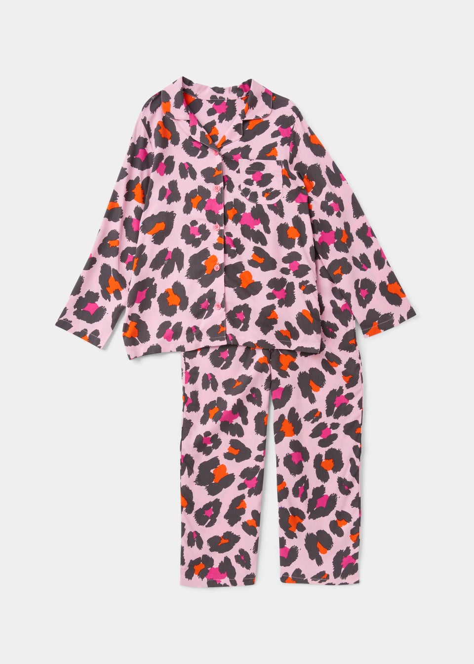 Girls Pink Leopard Print Woven Button Up Pyjama Set (4-13yrs)