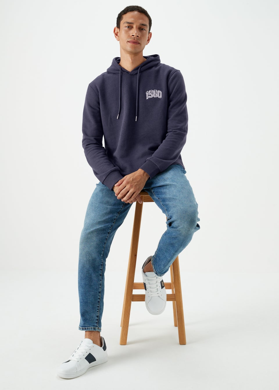 Navy 1980 Embroidered Pull-On Hoodie - Matalan