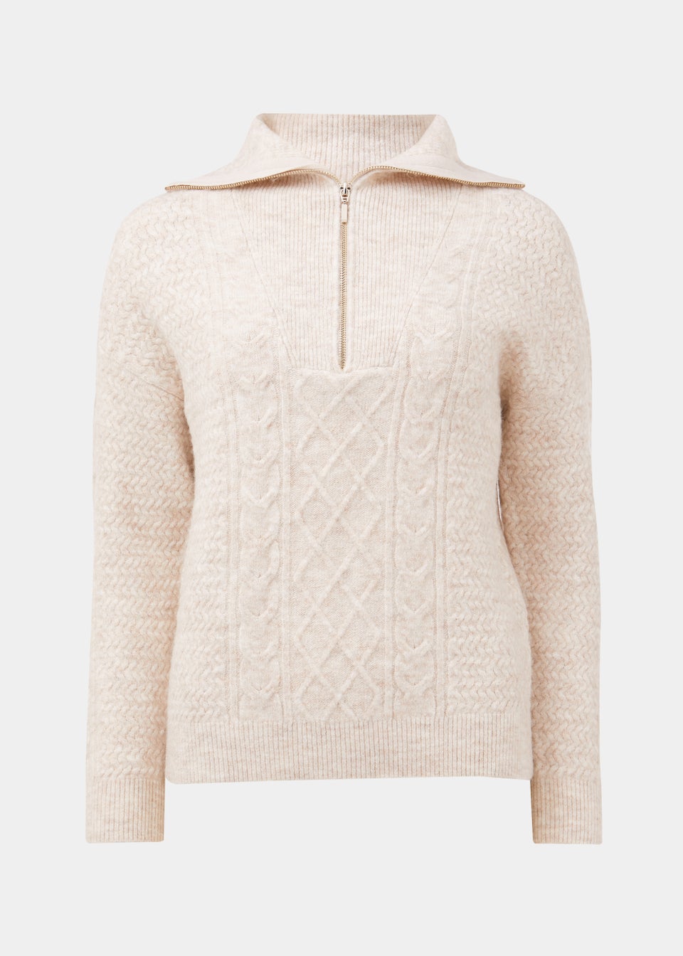 Beige Zip Neck Cable Knit Jumper