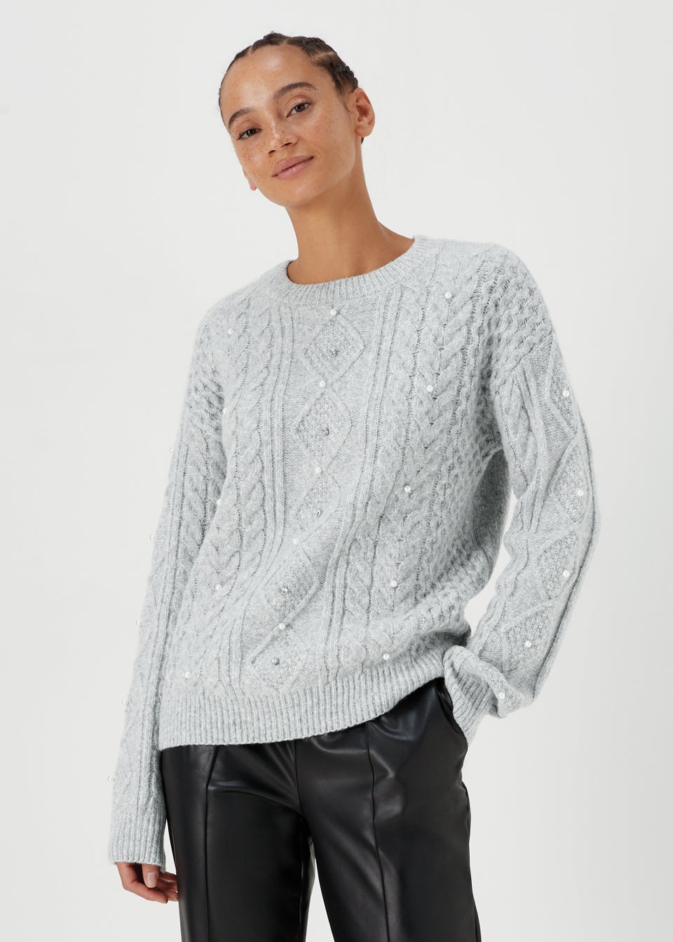 Grey Pearl Cable Knit Jumper