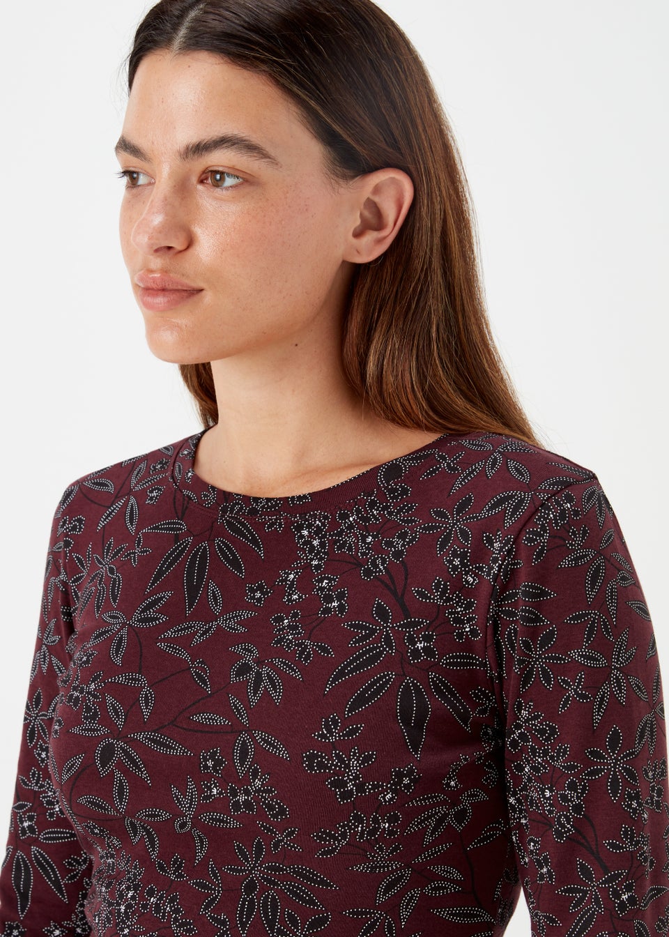 Burgundy Floral Print Long Sleeve T-Shirt