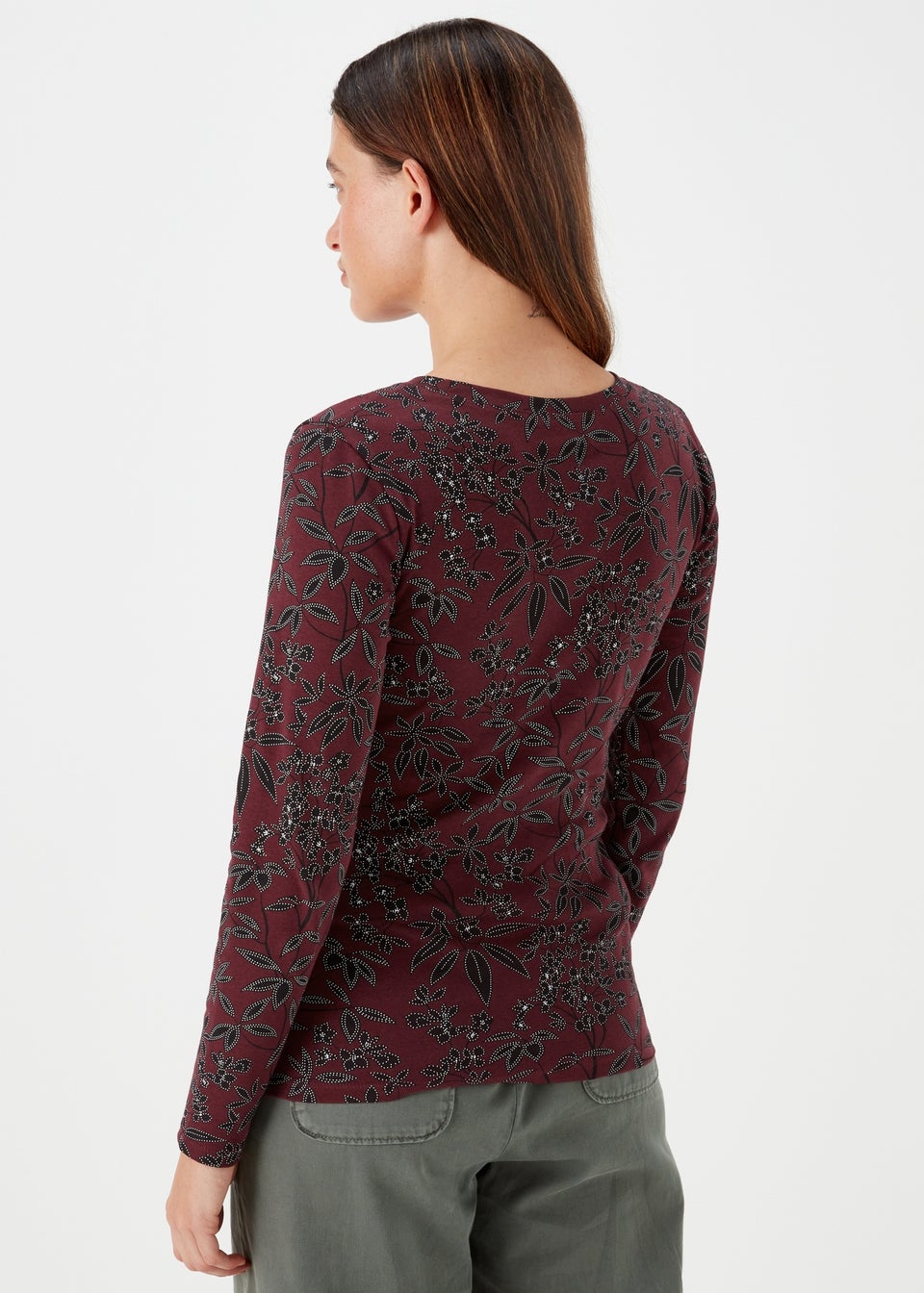 Burgundy Floral Print Long Sleeve T-Shirt