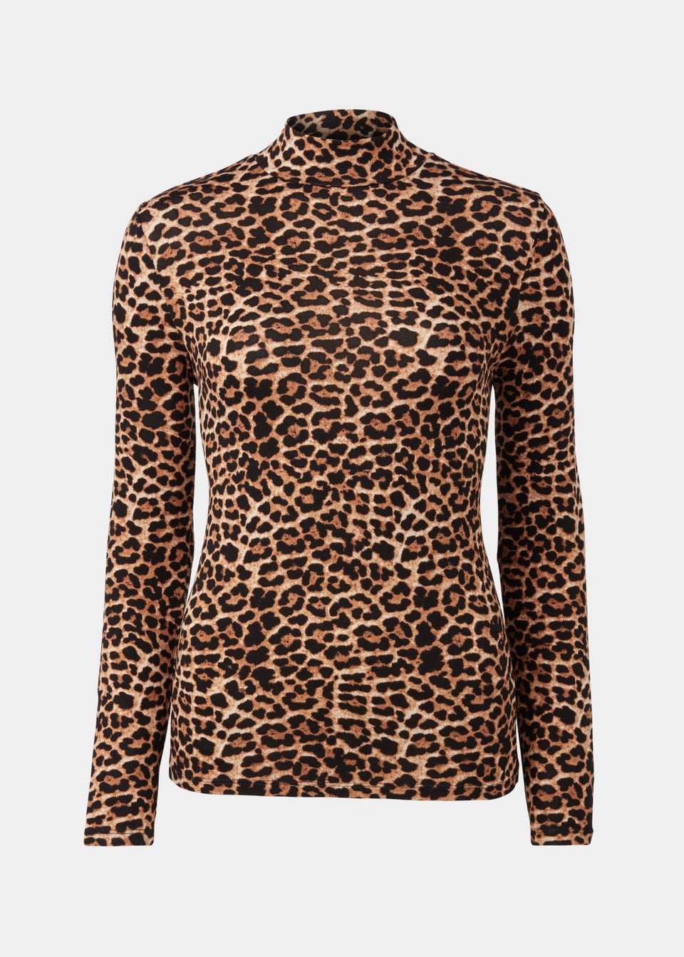 Brown Animal Print High Neck Long Sleeve Top