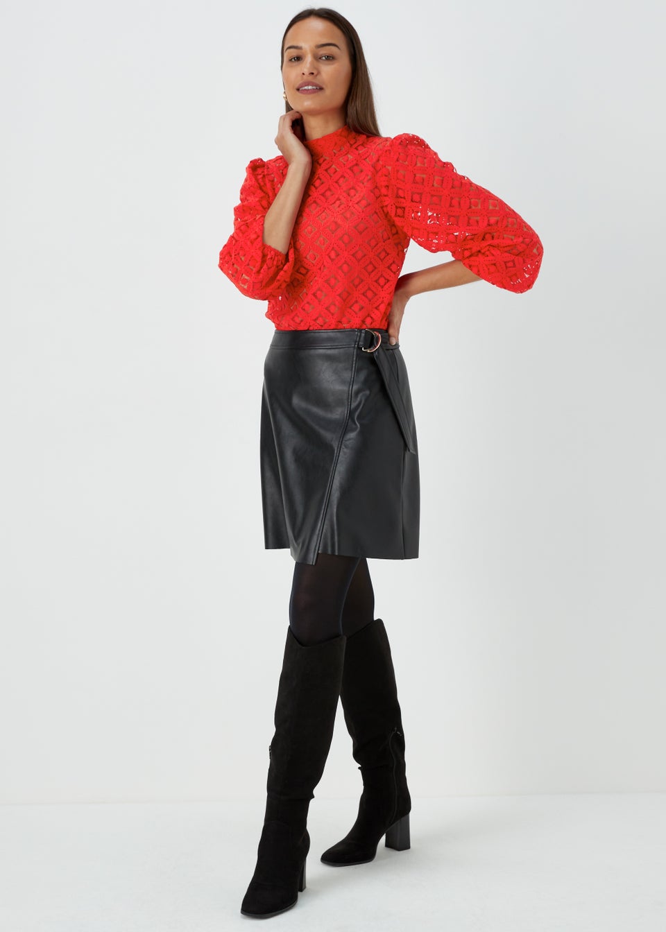 Red lace high neck top shop