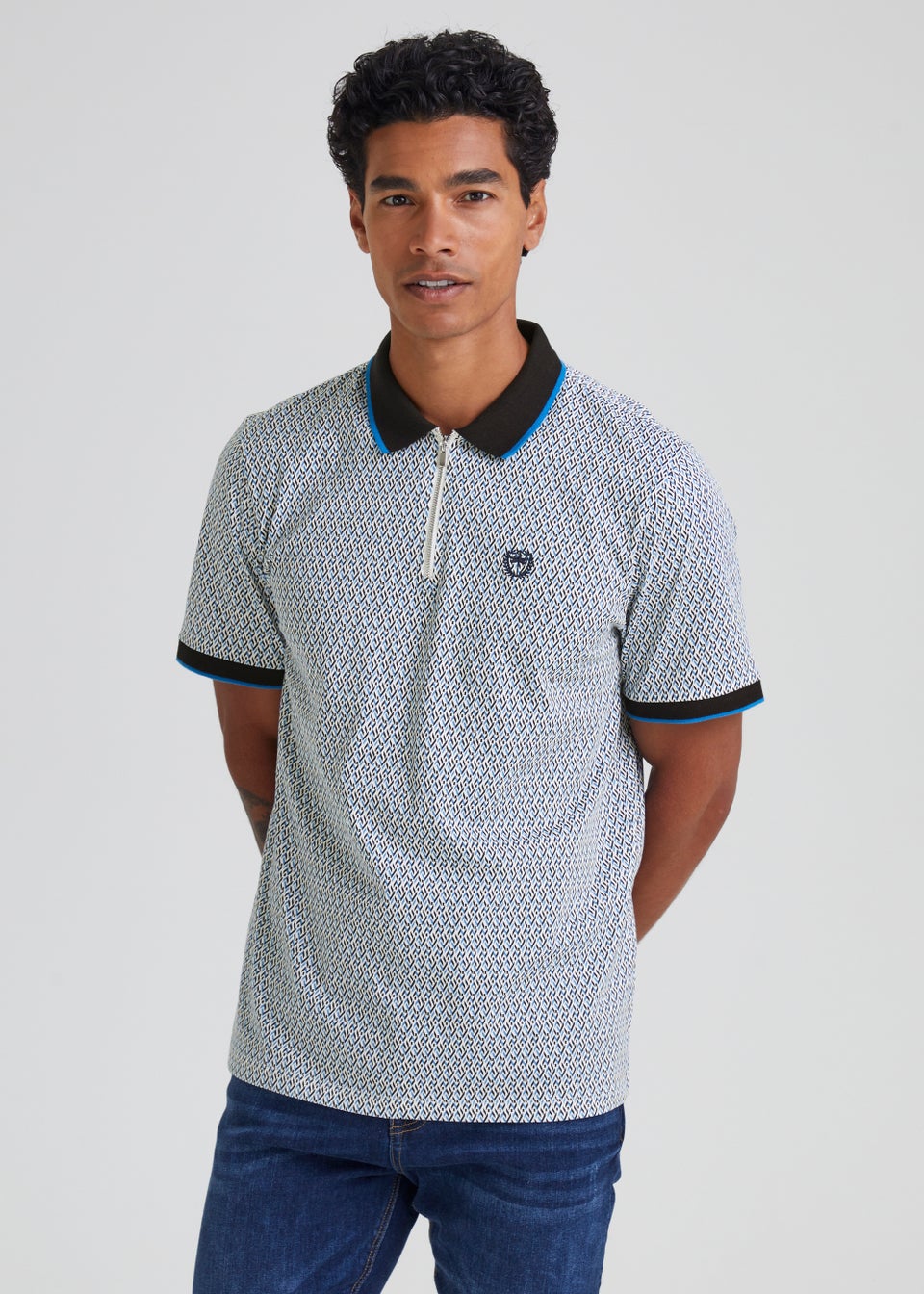 Blue & White Print Polo Shirt
