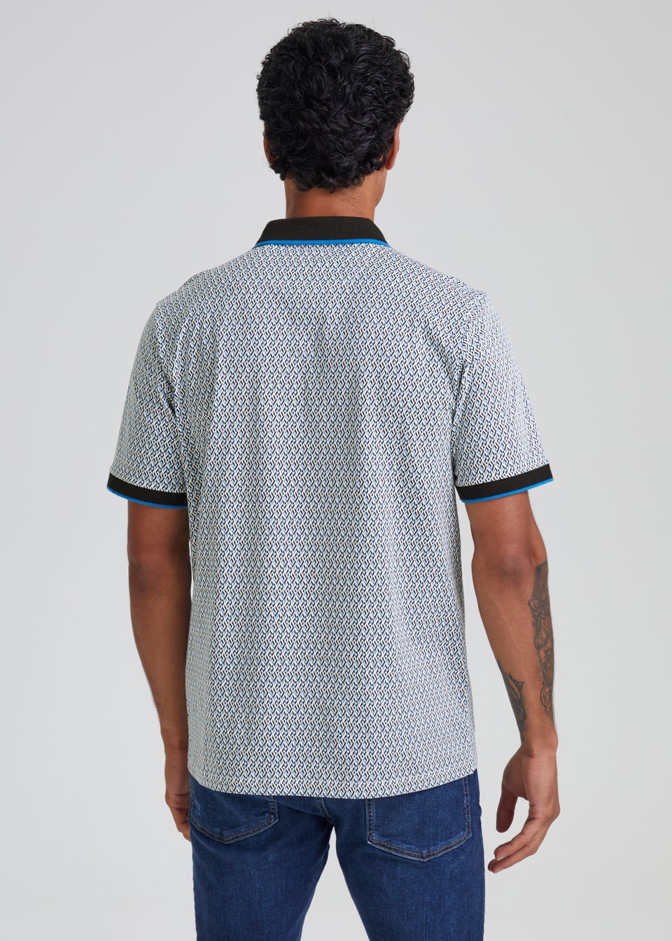 Blue & White Print Polo Shirt