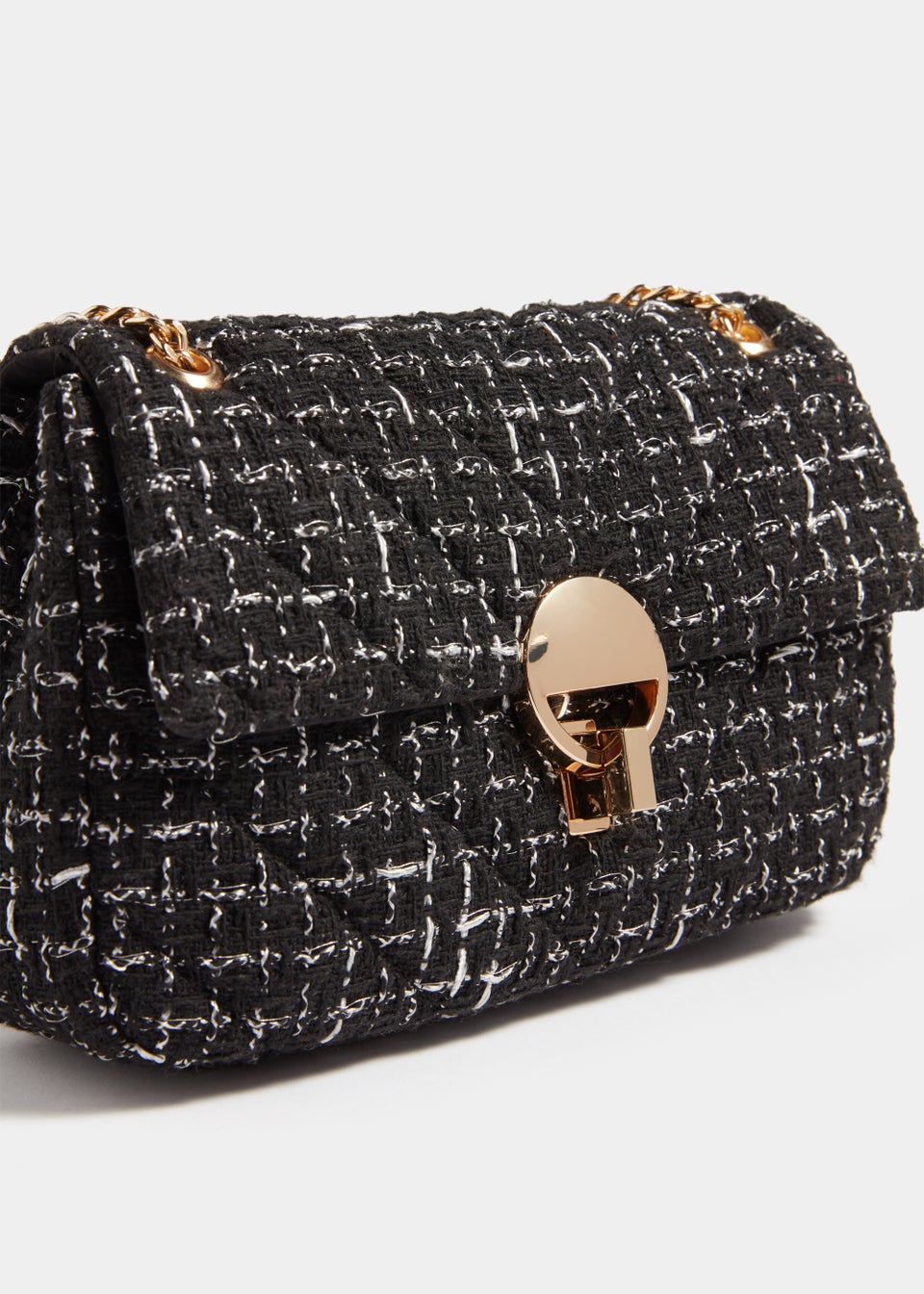 Black Quilted Chain Flap Tweed Bag
