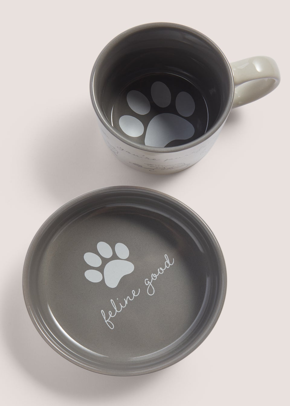 Grey Cat Mug & Bowl Set (31cm x 16cm x 9cm)