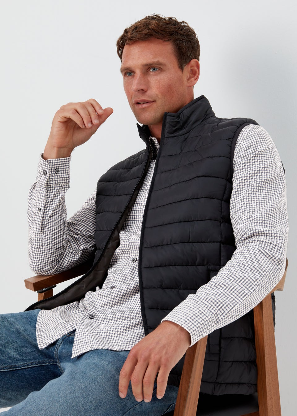 Ecru Houndstooth Check Print Smart Shirt