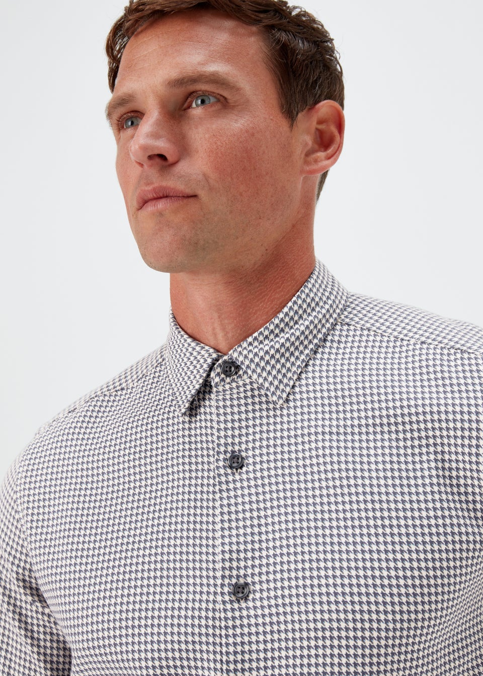 Ecru Houndstooth Check Print Smart Shirt
