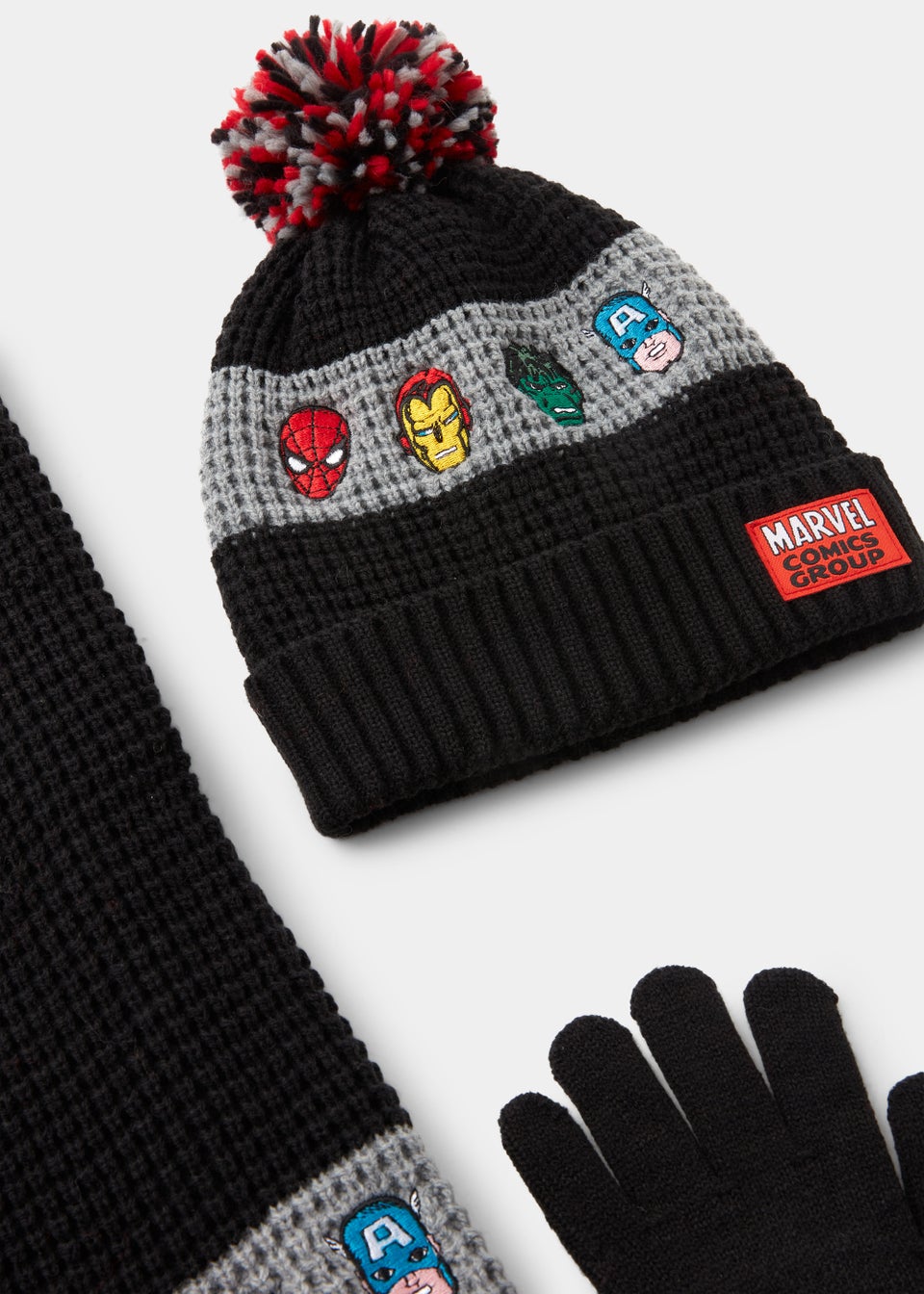 Kids Black Marvel Avengers Bobble Hat Scarf & Gloves Set (3-10yrs)