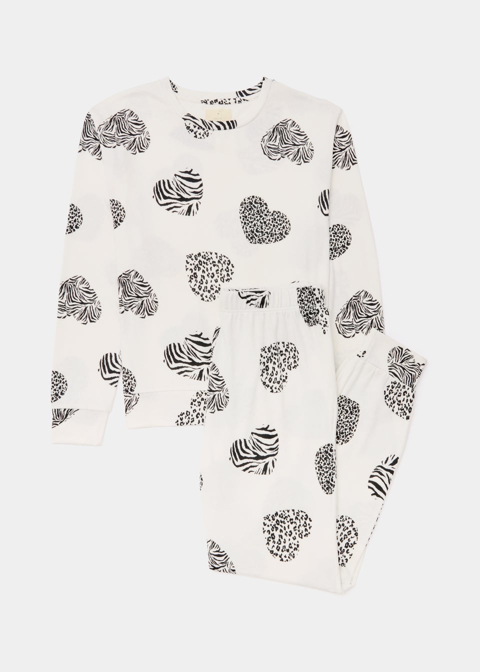 Cream Heart Print Knitted Long Pyjama Set
