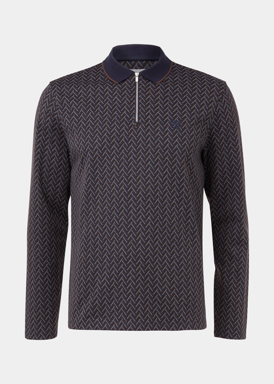 Navy Heritage Look Print Long Sleeve Polo Shirt