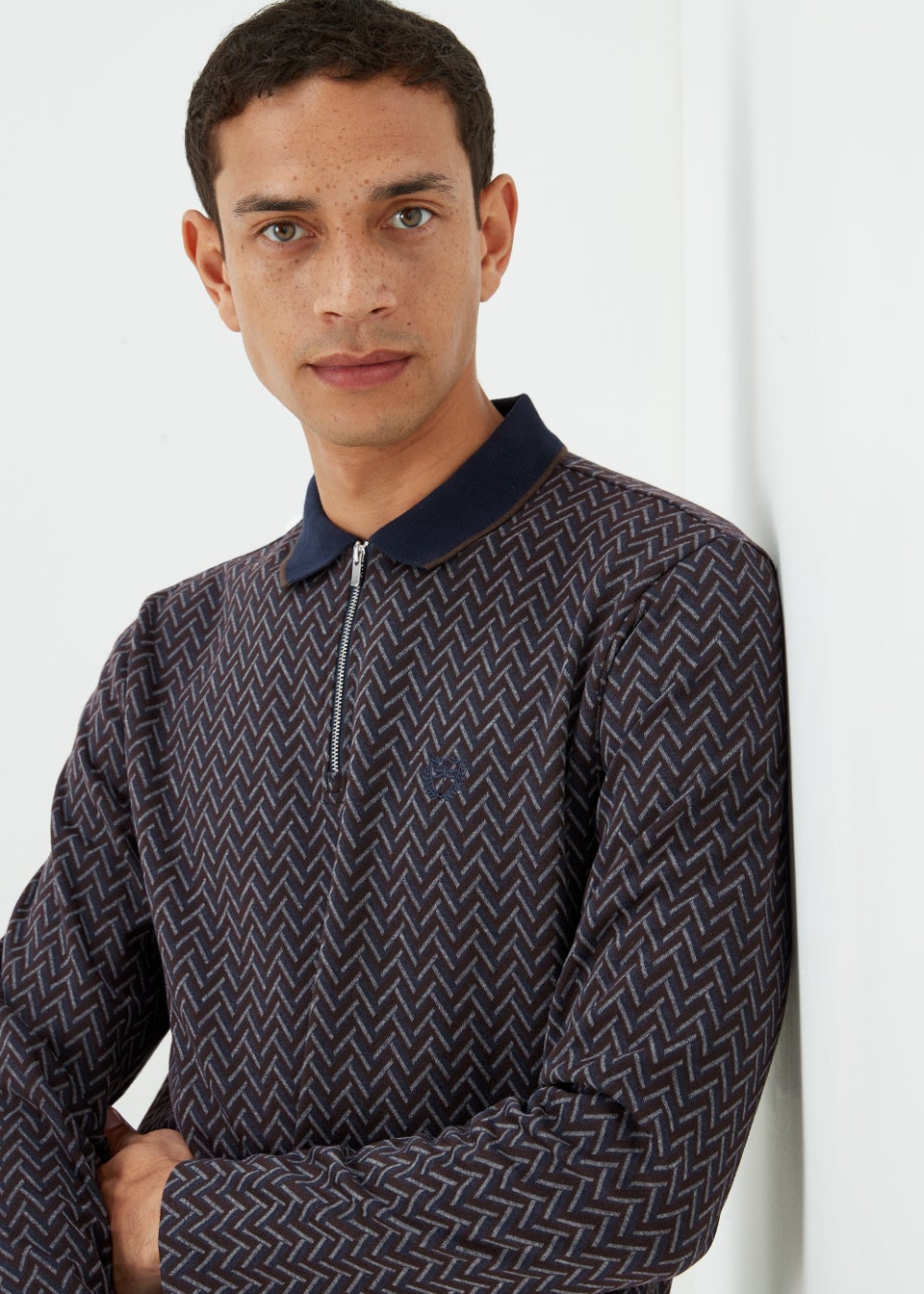 Navy Heritage Look Print Long Sleeve Polo Shirt - Matalan