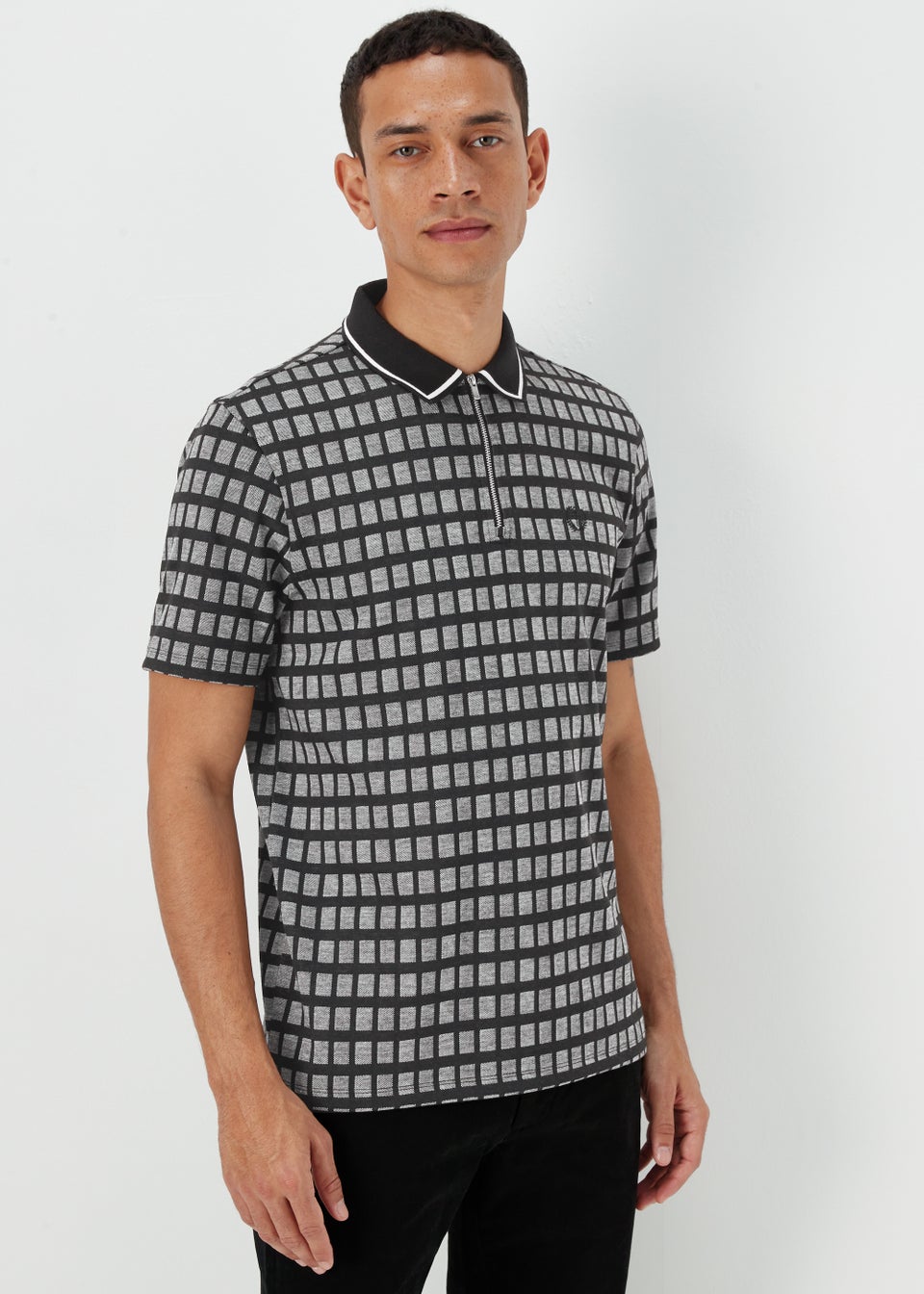 Black Jacquard Square Print Zip Up Polo Shirt