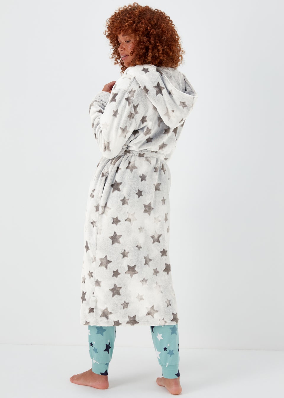 Grey Star Print Textured Hooded Dressing Gown - Matalan