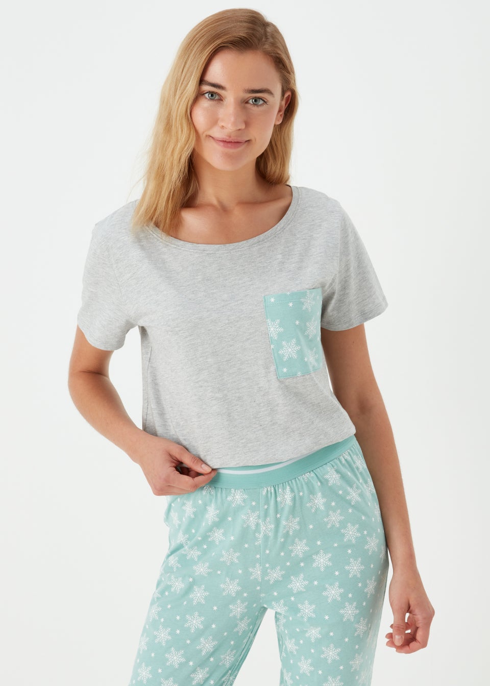 Grey Marl Snowflake Print Christmas Pyjama Set Matalan