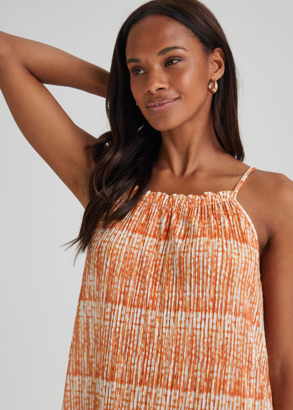Orange Print Plisse Midi Dress